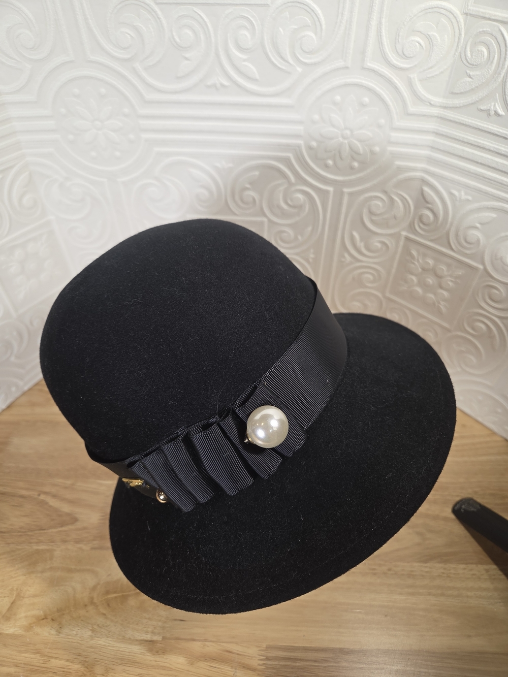 betmar Black Felt Cloche Hat with Pearl Accent - Picture 2 of 6